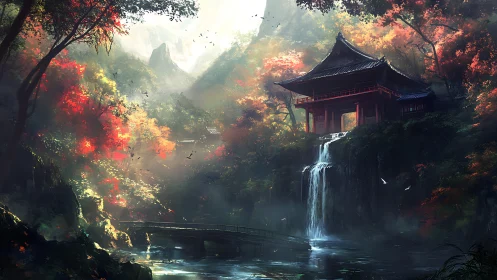 Mountain temple overlooks misty waterfall and autumn forest.