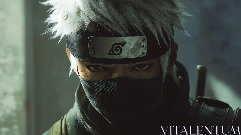 Cinematic close-up of masked silver-haired ninja with metal headband