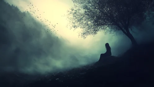 Solitary figure under misted tree observes luminous valley fog