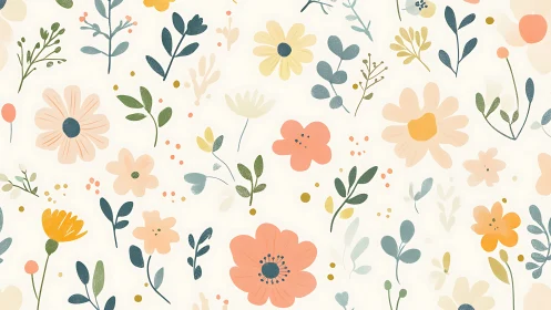 Botanical Floral Pattern with Soft Earth Tones and Leaves.