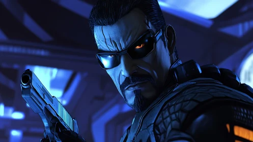 Augmented gunman locks aim in neon-lit cybernetic corridor