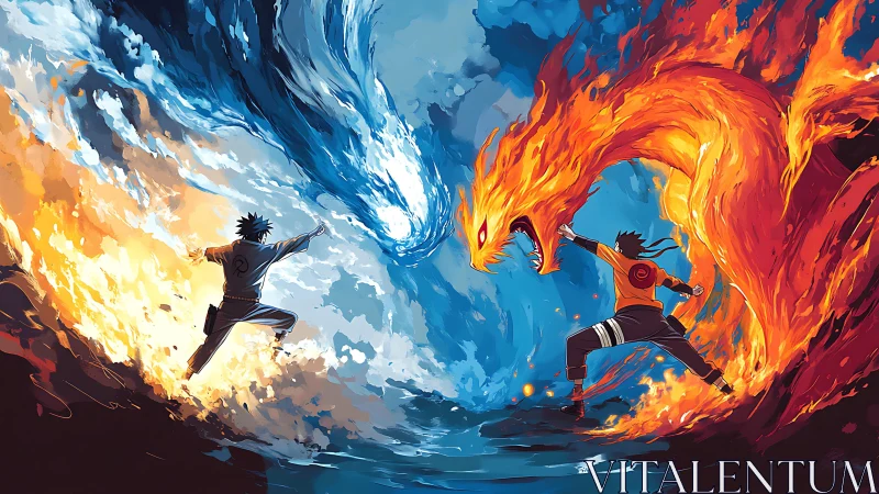 Elemental anime duel with dynamic fire and water composition.