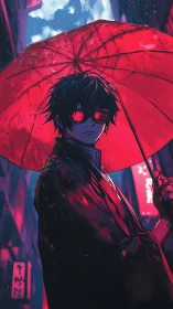 Neon-lit youth under crimson umbrella in cyber rainstorm.