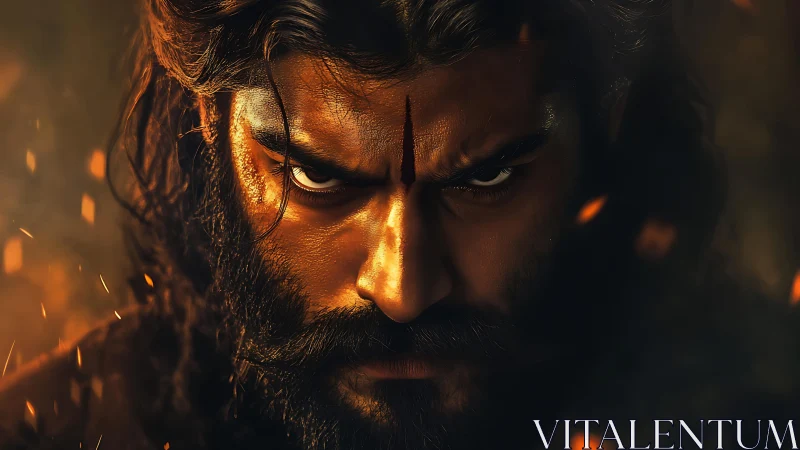 Warrior’s burning gaze cuts through embers and shadowed night