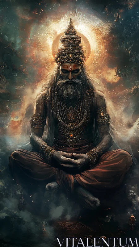 Mystic ascetic levitates amid radiant halo in ornate digital rendering