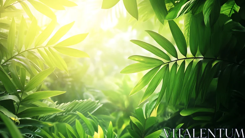 Sunlit tropical leaves frame lush emerald forest canopy.
