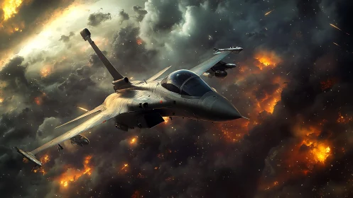 Futuristic strike fighter slicing through fiery storm clouds.