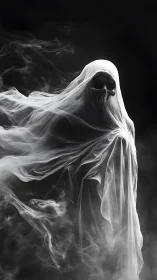 Shrouded skeletal wraith emerging from drifting white mist.
