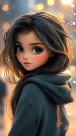 Hooded street portrait with volumetric bokeh and teal eyes.