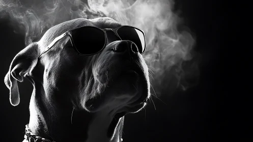 Cool dog in sunglasses emerges through dramatic swirling smoke