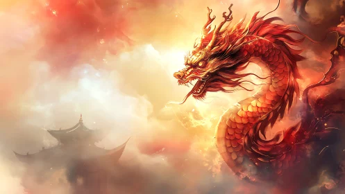 Fiery red Chinese dragon emerging from glowing clouds.