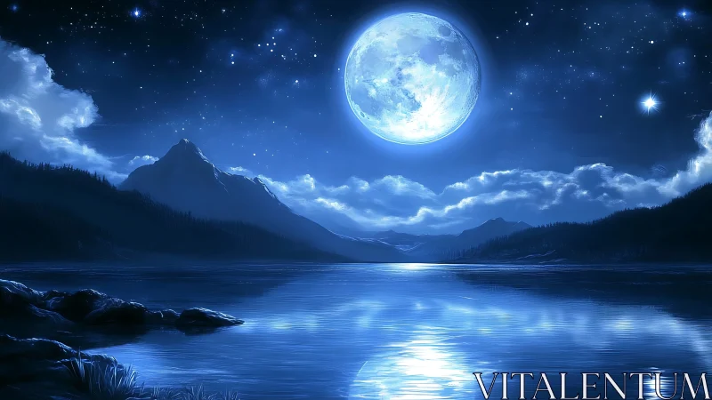 Luminous full moon over tranquil mountain lake at night.
