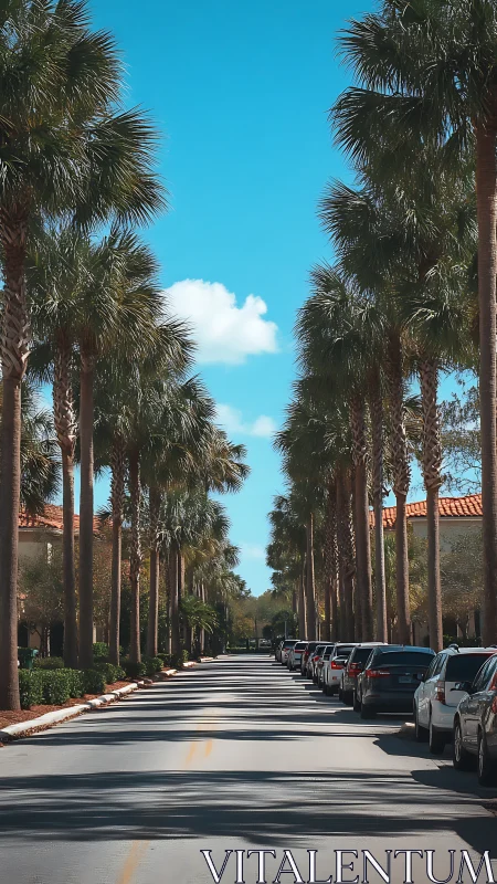 Palm sentinels cast long shadows down a quiet sunlit lane