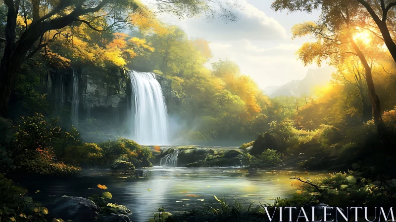 Sunlit forest waterfall with calm reflective river pool.