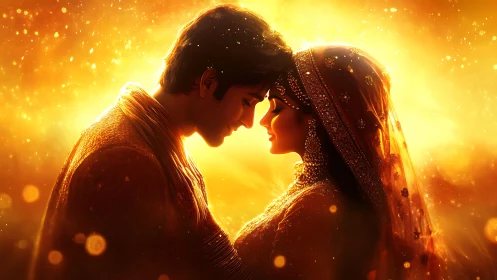 Two figures in profile against golden luminous background.