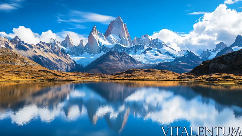 Mirrorlike alpine lake below jagged snowcapped peaks reflected.