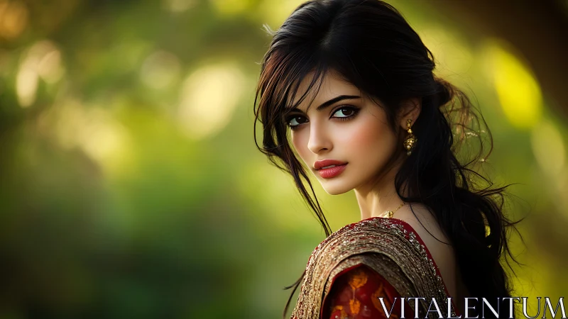 Elegant woman in traditional attire with soft bokeh background.