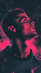 Neon-lit striker gazes skyward in electric twilight glow.