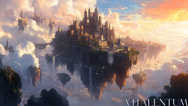 Vertical floating citadel on stratified sky islands at sunrise
