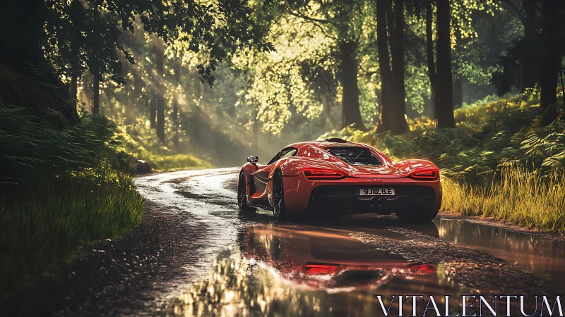 Red supercar glides along wet forest road at sunrise.