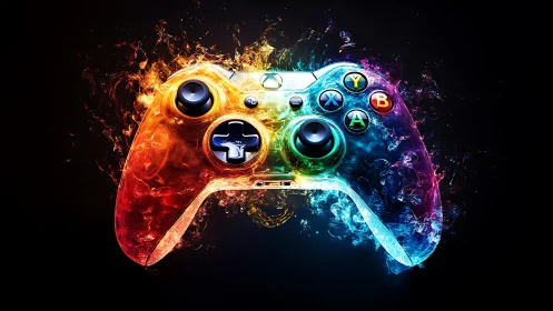 Colorful gaming controller in vivid splash effect artwork.