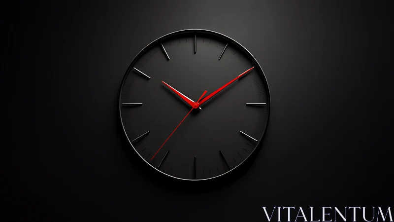 Minimalist black wall clock with red hands on dark background.