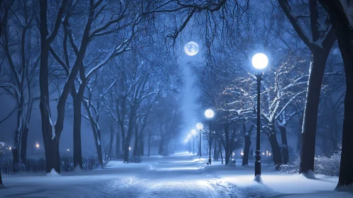 Snow-covered park path under lamps and full moon at night.