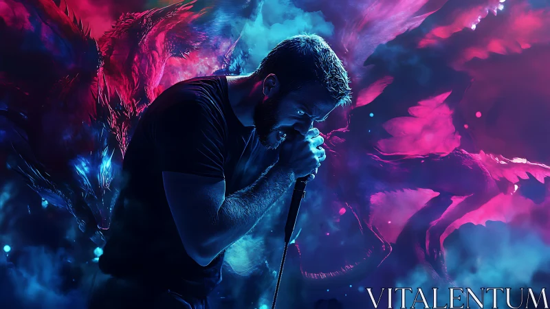 Electric night roar with singer and neon dream dragons.