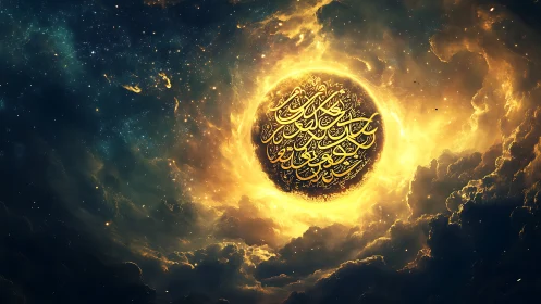 Golden Arabic calligraphy sphere framed by glowing nebula