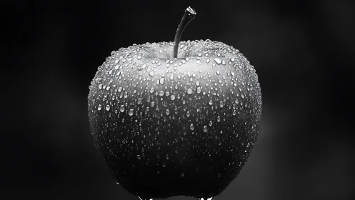 Monochrome apple glistens with crisp surface water droplets.