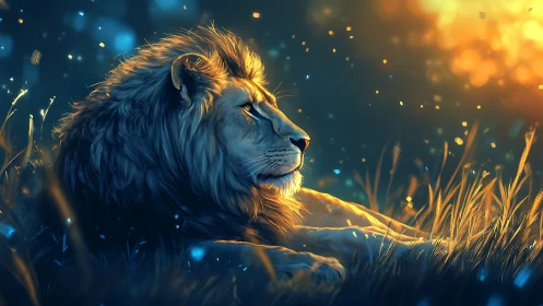 Lion in side profile lying in grass at dusk lighted scene.