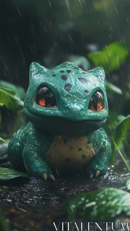 Bulbasaur style creature sits on wet forest floor in rain