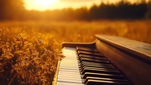 Sunlit piano rests in golden meadow at warm evening glow