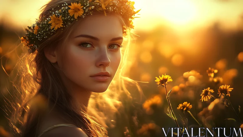 Sunlit flower-crowned muse drifting through golden hush.