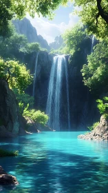Emerald canyon falls over a turquoise whispering lagoon.