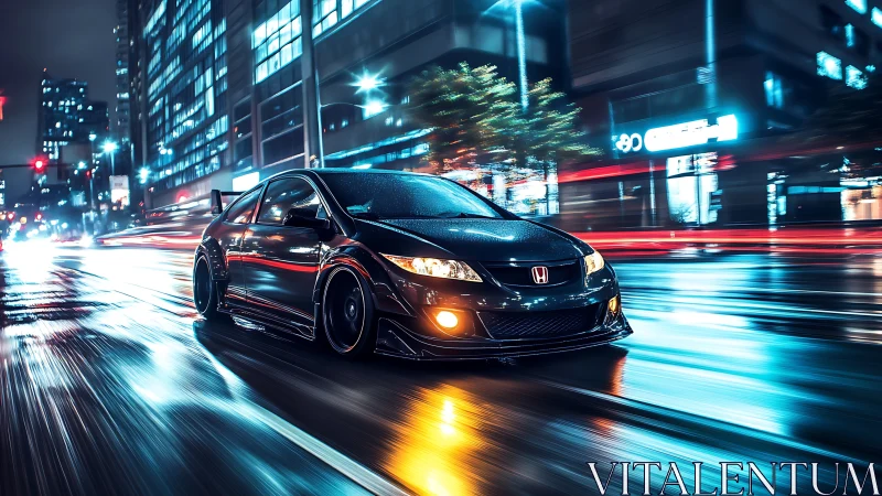 Honda street racer cutting through neon night rain.