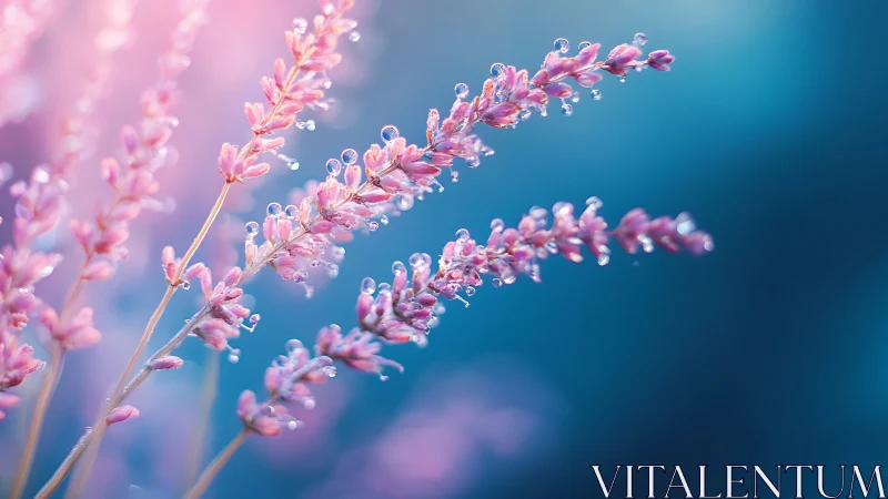 Lavender blossoms with dew droplets captured against gradient blue backdrop
