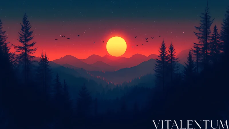 Sunset hush over misty mountain pines and glowing sky.