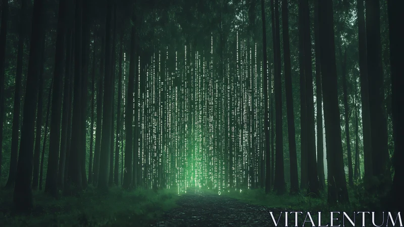 Digital rain cascades through dark forest clearing corridor.