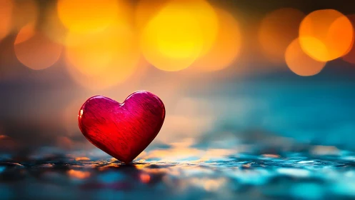 Red glass heart sculpture with bokeh light background and water reflections.