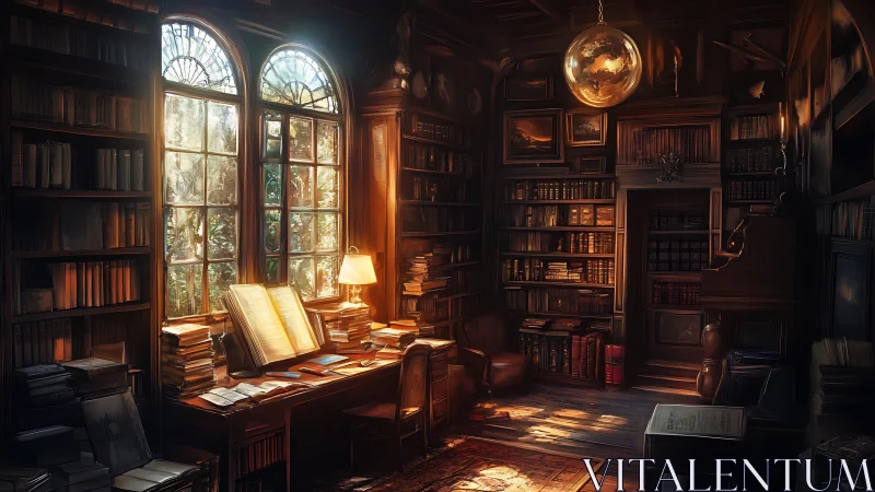 Dimly lit library interior shows desk, bookshelves, and windows