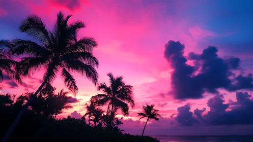 High-saturation tropical coastline sunset with silhouetted palm canopy
