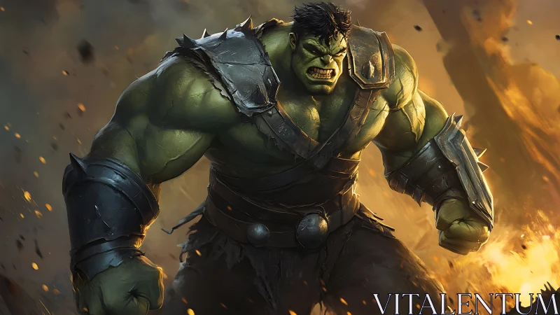 Raging green warrior charges through a fiery apocalyptic battle