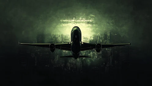 Futuristic airliner silhouette over neon-tinged night metropolis.