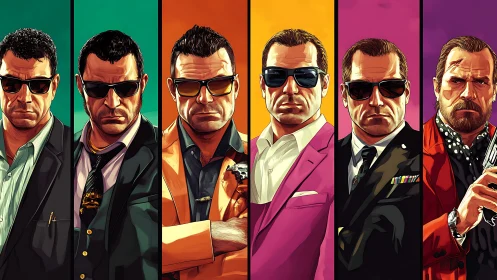 Stylized mob enforcers in bold geometric color panels.