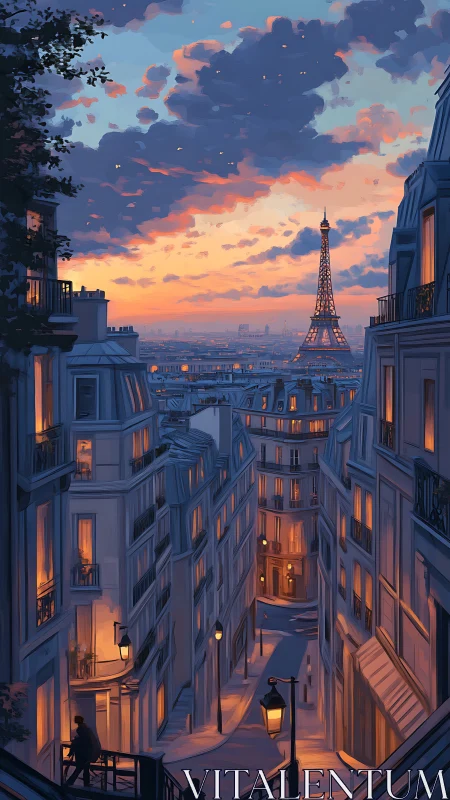 Evening city street with Eiffel Tower under clouded sky.