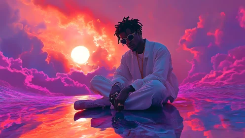 Chromatic sunset portrait with reflective water and neon clouds