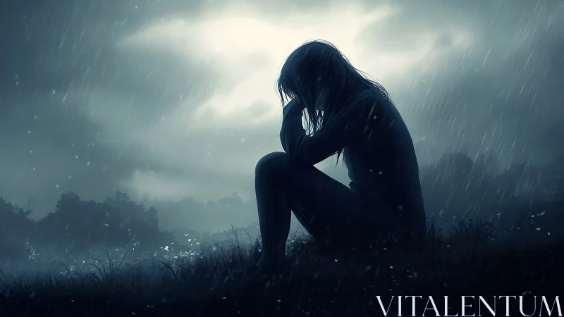 Silhouetted figure in rainlit meadow conveys introspective solitude