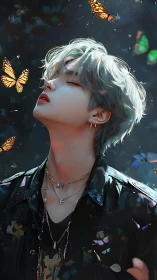 Androgynous figure meets glowing butterflies in dusk forest.