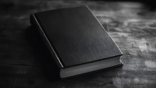 Closed black hardcover book rests on worn wooden surface